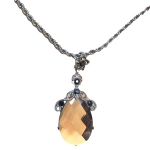 Faceted Glass Pendant Necklace Silver Tone Rope Chain & Extender Prom
